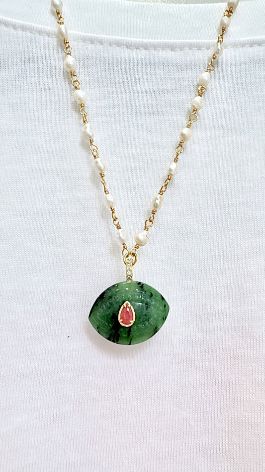 Collier Œil Rubis Zoisite et Perles d’eau douce
