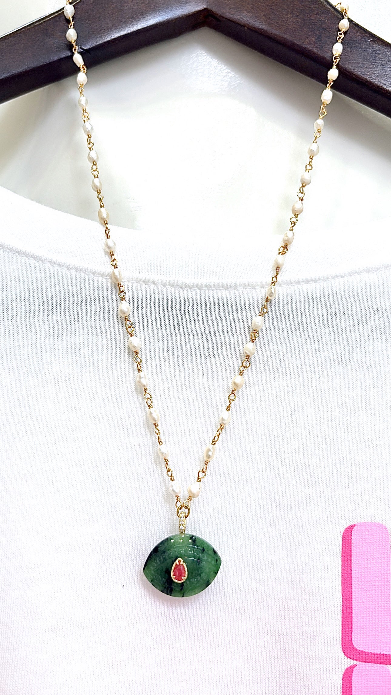 Collier Œil Rubis Zoisite et Perles d’eau douce