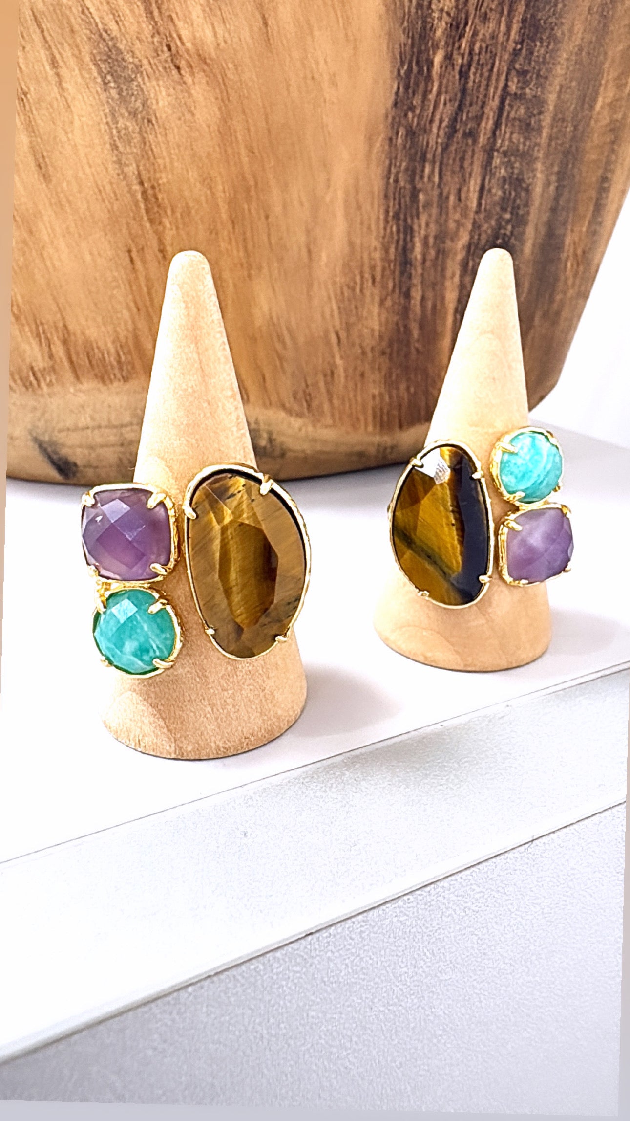 Bague Boréale Améthyste, Œil de Tigre et Amazonite