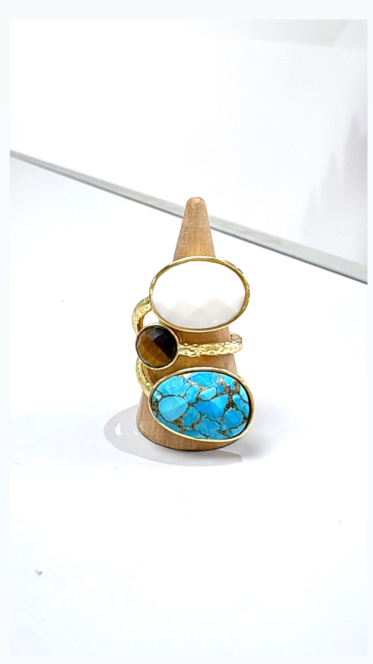 Bague Trio Quartz Blanc, Turque Mohave et Œil de Tigre