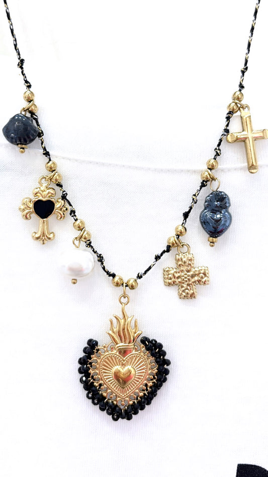Collier Cœur Ex Voto Noir
