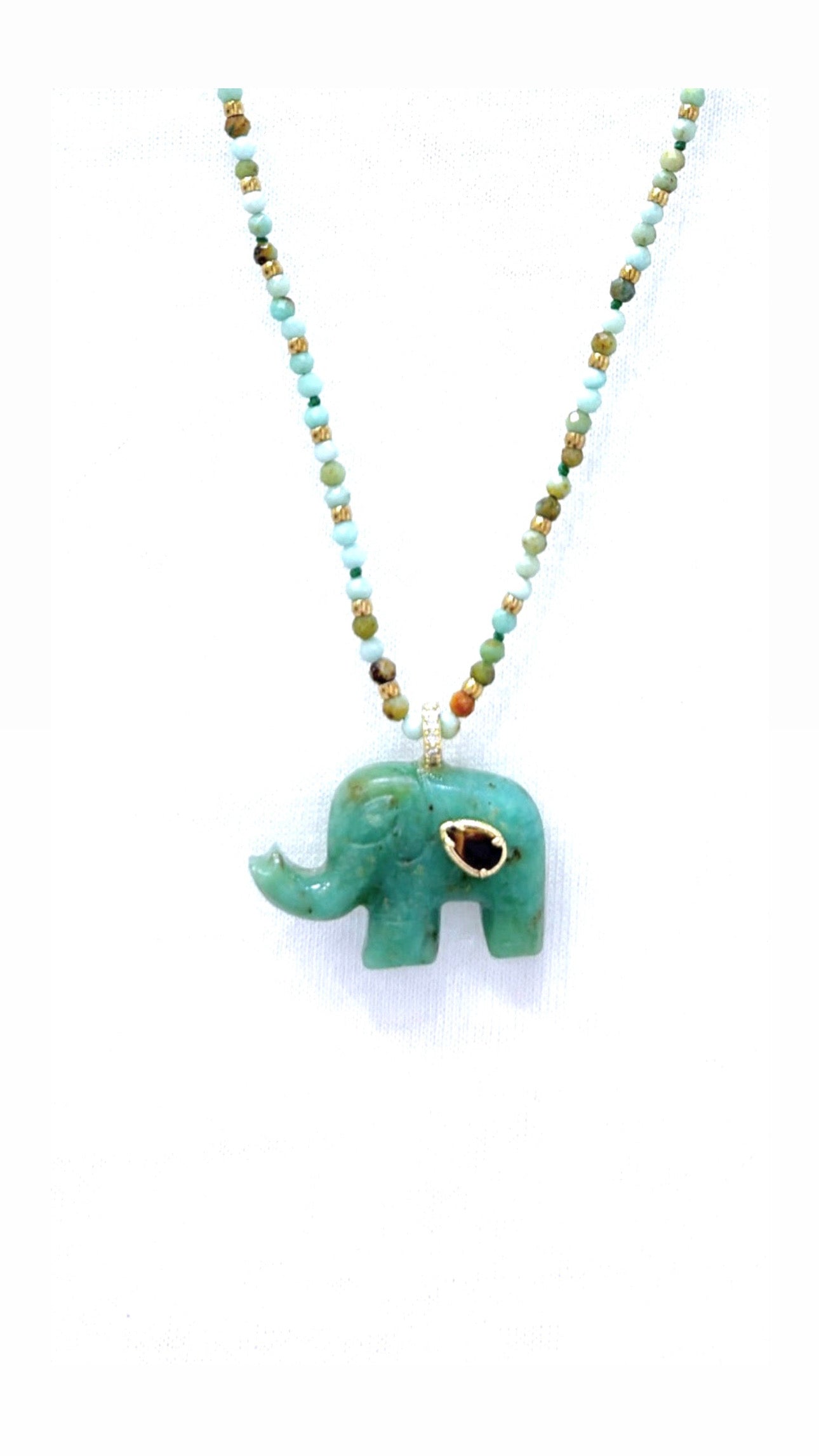 Collier Éléphant Chrysoprase et Œil de Tigre
