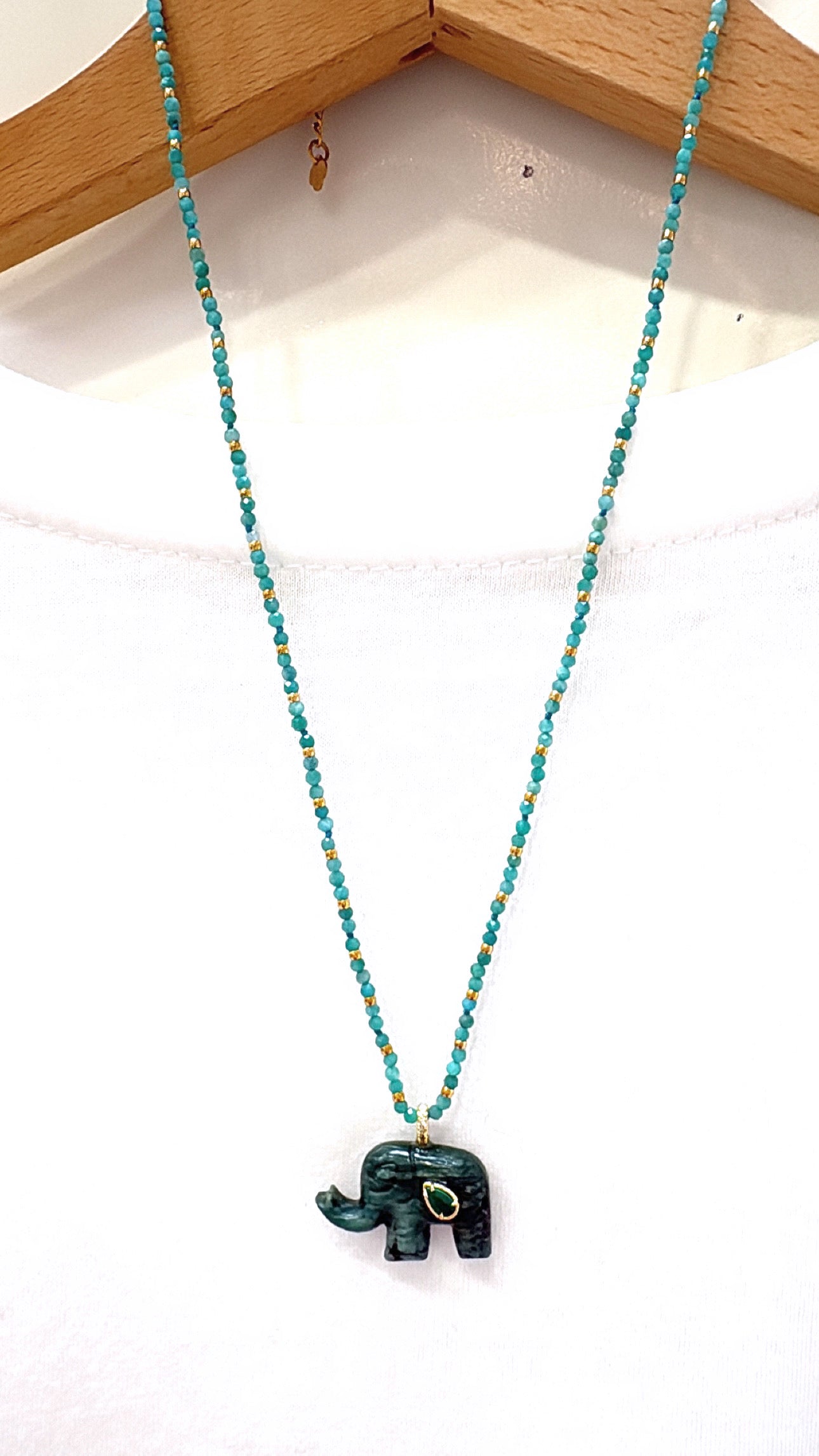 Collier Éléphant Jade Africain, Amazonite et Malachite