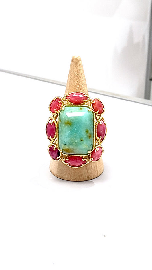 Bague Splendide Chrysoprase et Rhodonite
