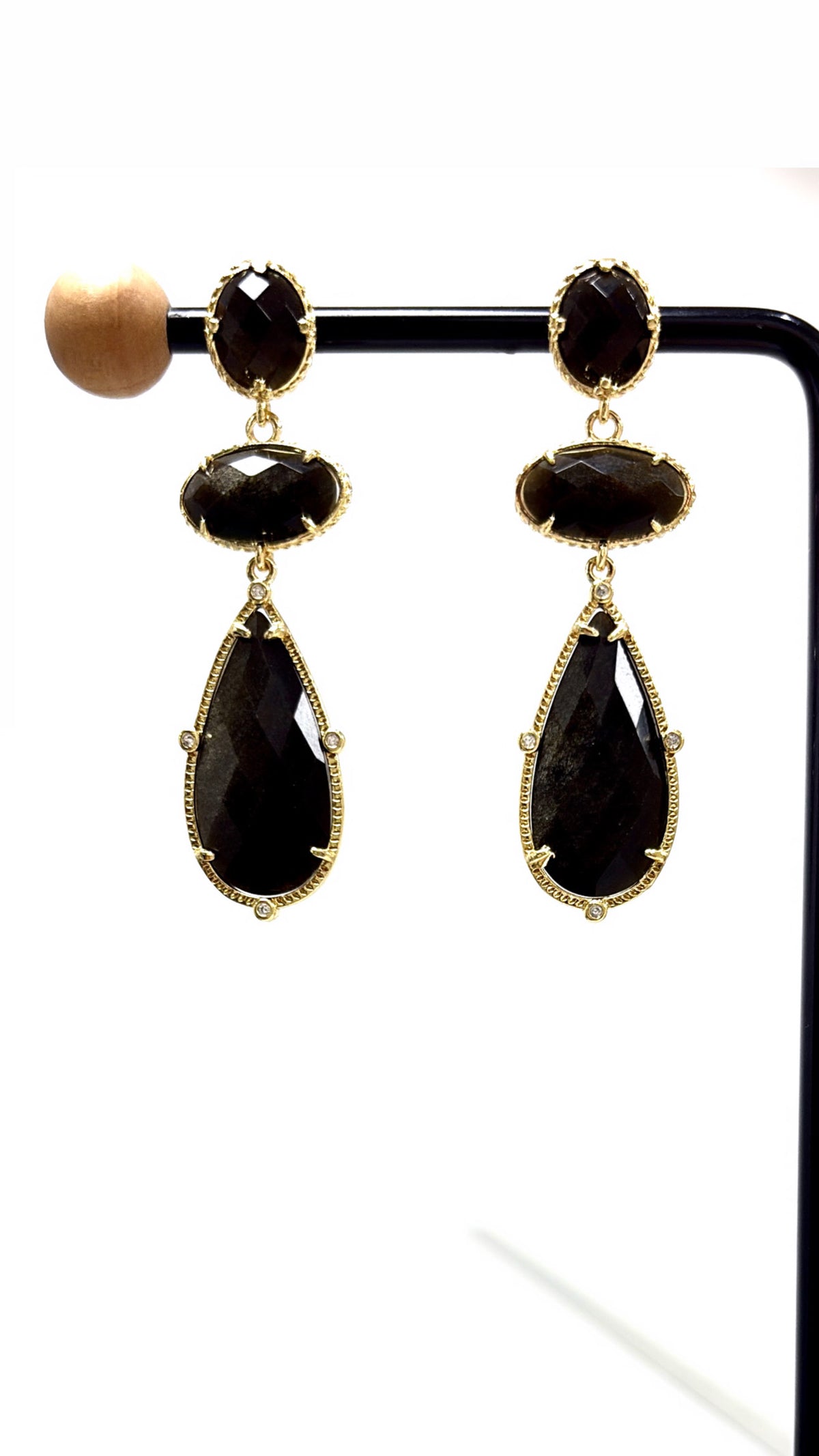 Boucles d’Oreilles Trio Obsidienne Dorée