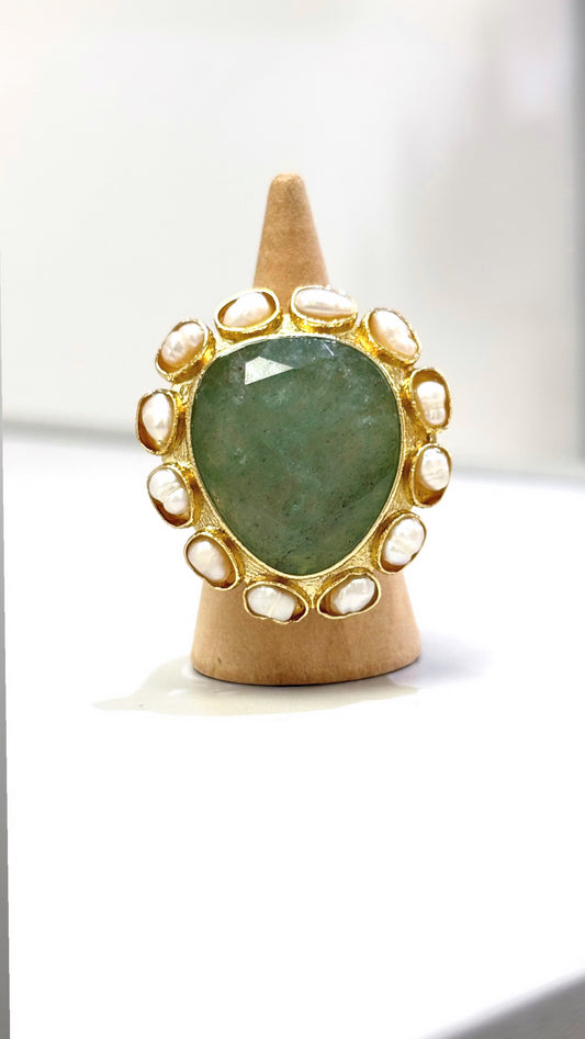 Bague Ovaloide Aventurine et perles d’eau douce