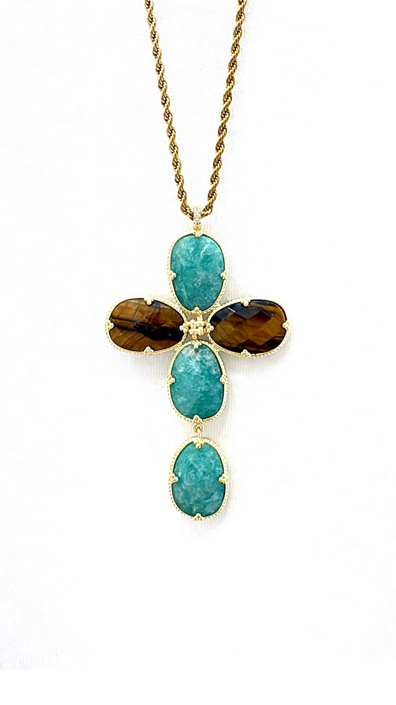 Sautoir Cruz Amazonite et Œil de Tigre