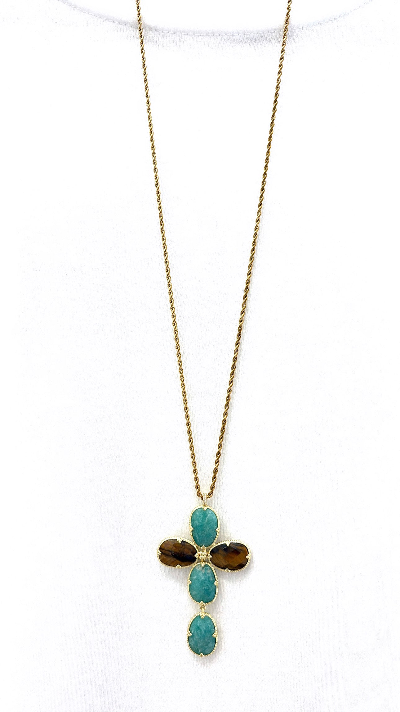 Sautoir Cruz Amazonite et Œil de Tigre