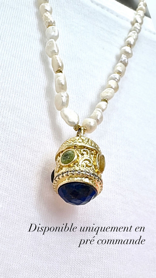 Collier Amulette Lapis Lazulli et Perles d’eau douce