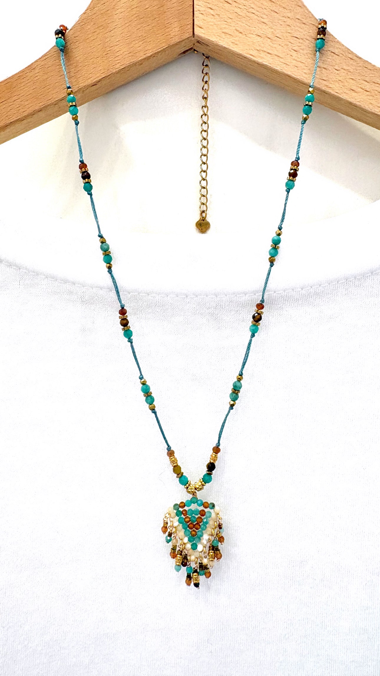 Collier Cascade Amazonite, Nacre et Œil de Tigre