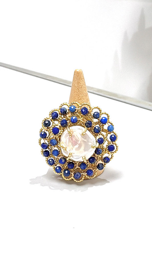 Bague Corolle Lapis-lazuli et Perles d’eau douce