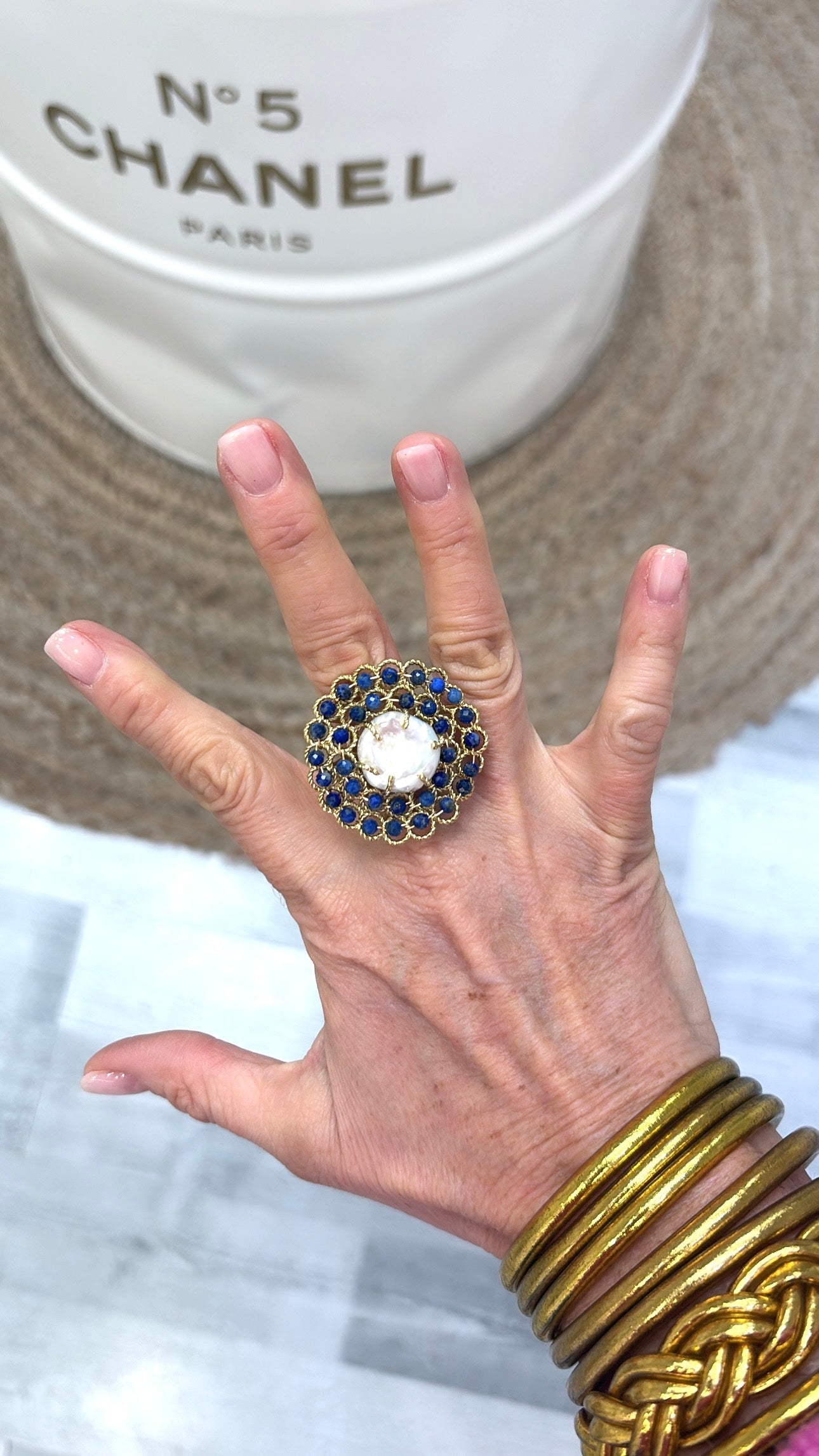Bague Corolle Lapis-lazuli et Perles d’eau douce