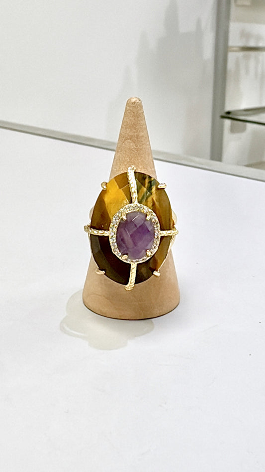 Bague Superbe Oeil de Tigre et Améthyste